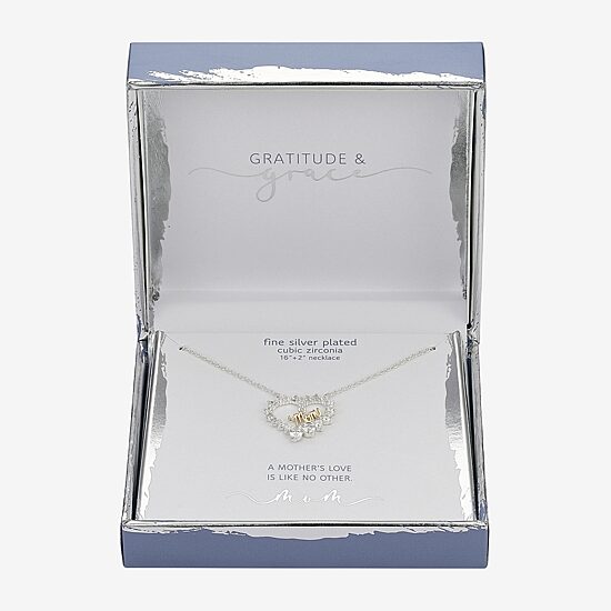 Gratitude & Grace Mom Womens Cubic Zirconia Pure Silver Over Brass Heart 16 Inch Pendant Necklace