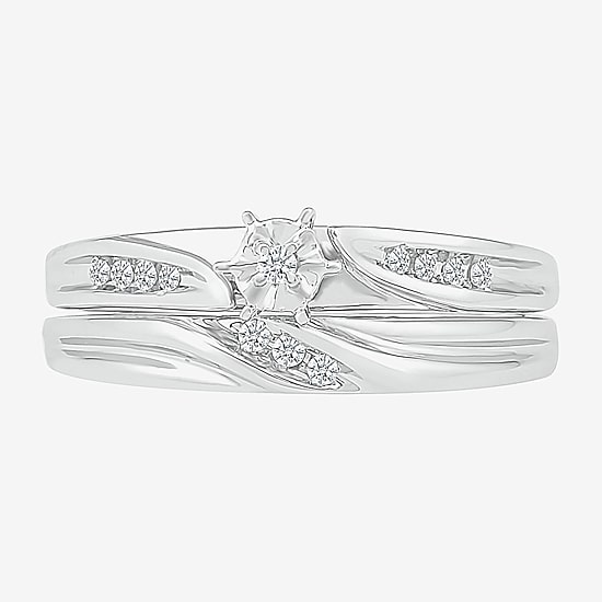 4.60mm Unisex Adult 1/10 CT. T.W. Natural White Diamond 10K Gold Round Side Stone Wedding Ring Set