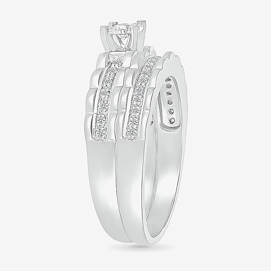 5.20mm Unisex Adult 1/4 CT. T.W. Natural White Diamond 10K Gold Round Side Stone Wedding Ring Set
