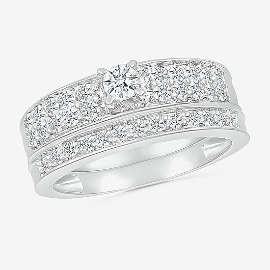 5.00mm Unisex Adult 1 CT. T.W. Natural White Diamond 10K Gold Round Side Stone Wedding Ring Set