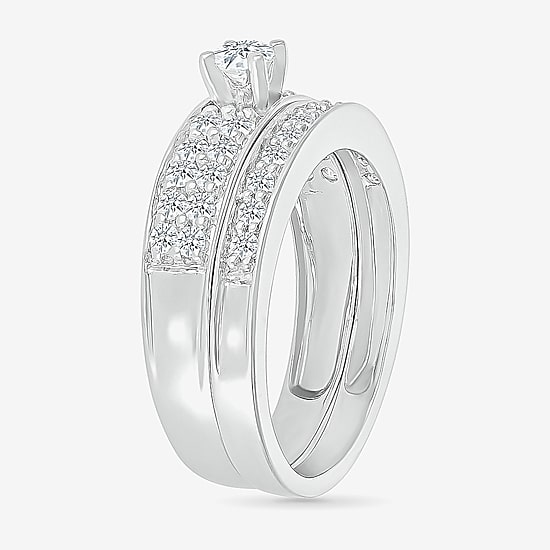 5.00mm Unisex Adult 1 CT. T.W. Natural White Diamond 10K Gold Round Side Stone Wedding Ring Set