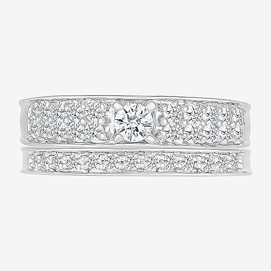 5.00mm Unisex Adult 1 CT. T.W. Natural White Diamond 10K Gold Round Side Stone Wedding Ring Set