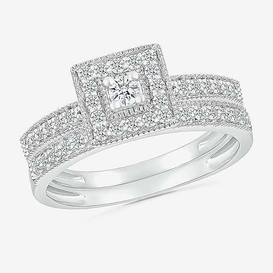 6.65mm Unisex Adult 5/8 CT. T.W. Natural White Diamond 10K Gold Halo Side Stone Ring Set