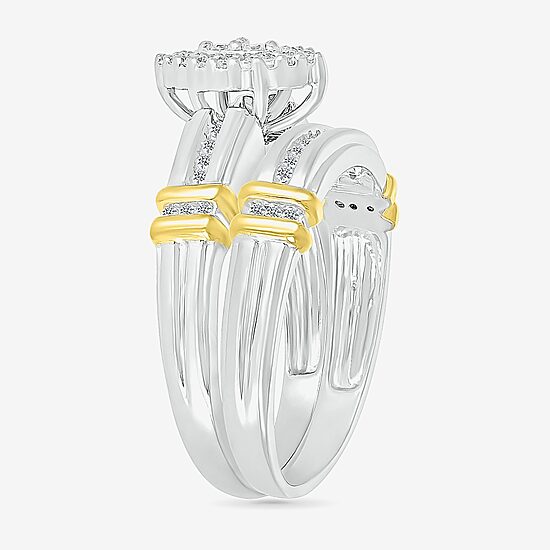 3PC His and Hers Trio Wedding Set Featuring 1/4 CT. T.W. Natural White Diamond 10K Two Tone Gold Marquise Halo Side Stone Ring Set