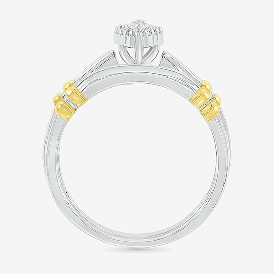 3PC His and Hers Trio Wedding Set Featuring 1/4 CT. T.W. Natural White Diamond 10K Two Tone Gold Marquise Halo Side Stone Ring Set