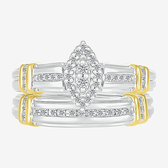 3PC His and Hers Trio Wedding Set Featuring 1/4 CT. T.W. Natural White Diamond 10K Two Tone Gold Marquise Halo Side Stone Ring Set