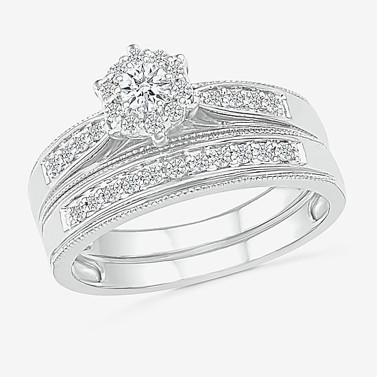 6.00mm Unisex Adult 1/2 CT. T.W. Natural White Diamond 10K Gold Round Halo Side Stone Ring Set