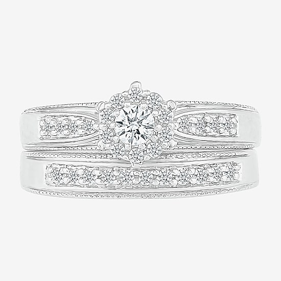 6.00mm Unisex Adult 1/2 CT. T.W. Natural White Diamond 10K Gold Round Halo Side Stone Ring Set