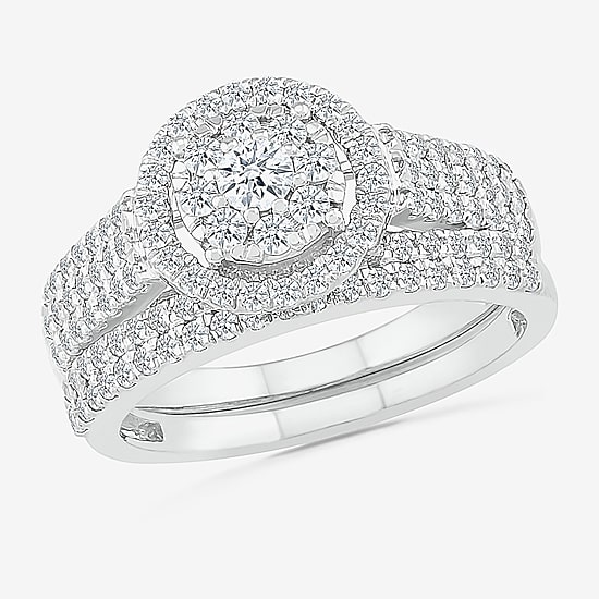 6.70mm Unisex Adult 1 1/5 CT. T.W. Natural White Diamond 10K Gold Round Halo Side Stone Ring Set