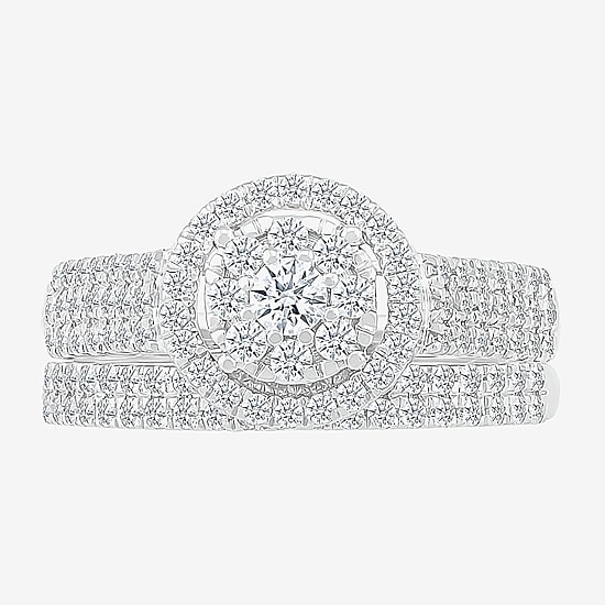6.70mm Unisex Adult 1 1/5 CT. T.W. Natural White Diamond 10K Gold Round Halo Side Stone Ring Set