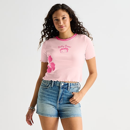 Grayson Threads, The Label Womens Juniors Crew Neck Short Sleeve Fitted Betty Boop Graphic T-Shirt