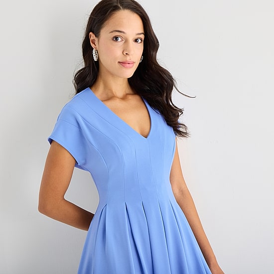 Danny & Nicole Womens Midi V Neck Short Sleeve Cap Fit + Flare Dress