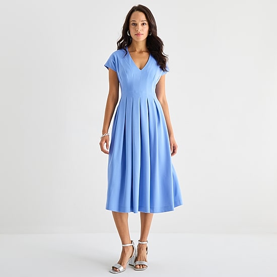 Danny & Nicole Womens Midi V Neck Short Sleeve Cap Fit + Flare Dress