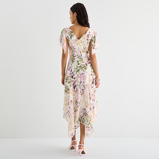 Robbie Bee Womens Midi Draped Neck Short Sleeve Flutter Floral Fit + Flare Dress