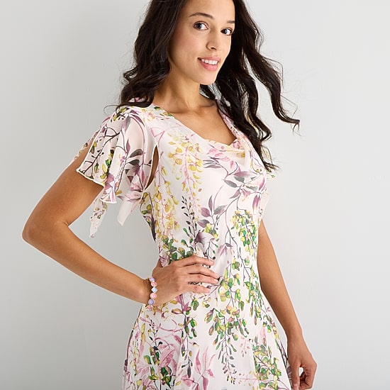 Robbie Bee Womens Midi Draped Neck Short Sleeve Flutter Floral Fit + Flare Dress
