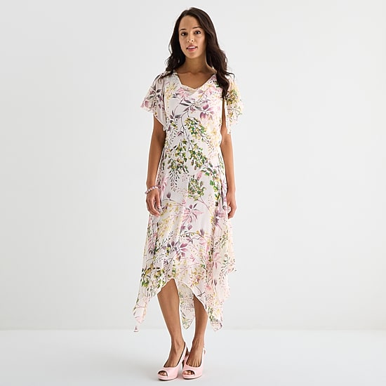Robbie Bee Womens Midi Draped Neck Short Sleeve Flutter Floral Fit + Flare Dress