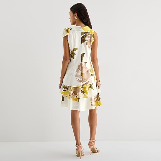 Robbie Bee Womens Asymmetrical Neck Sleeveless Floral Shift Dress