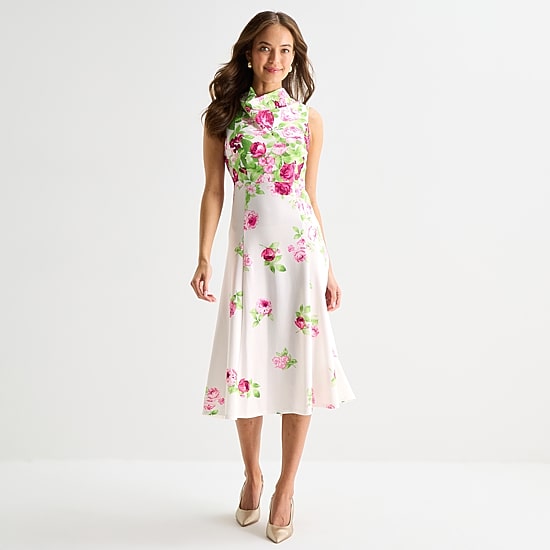 Perceptions Womens Midi Cowl Neck Sleeveless Floral Fit + Flare Dress ...