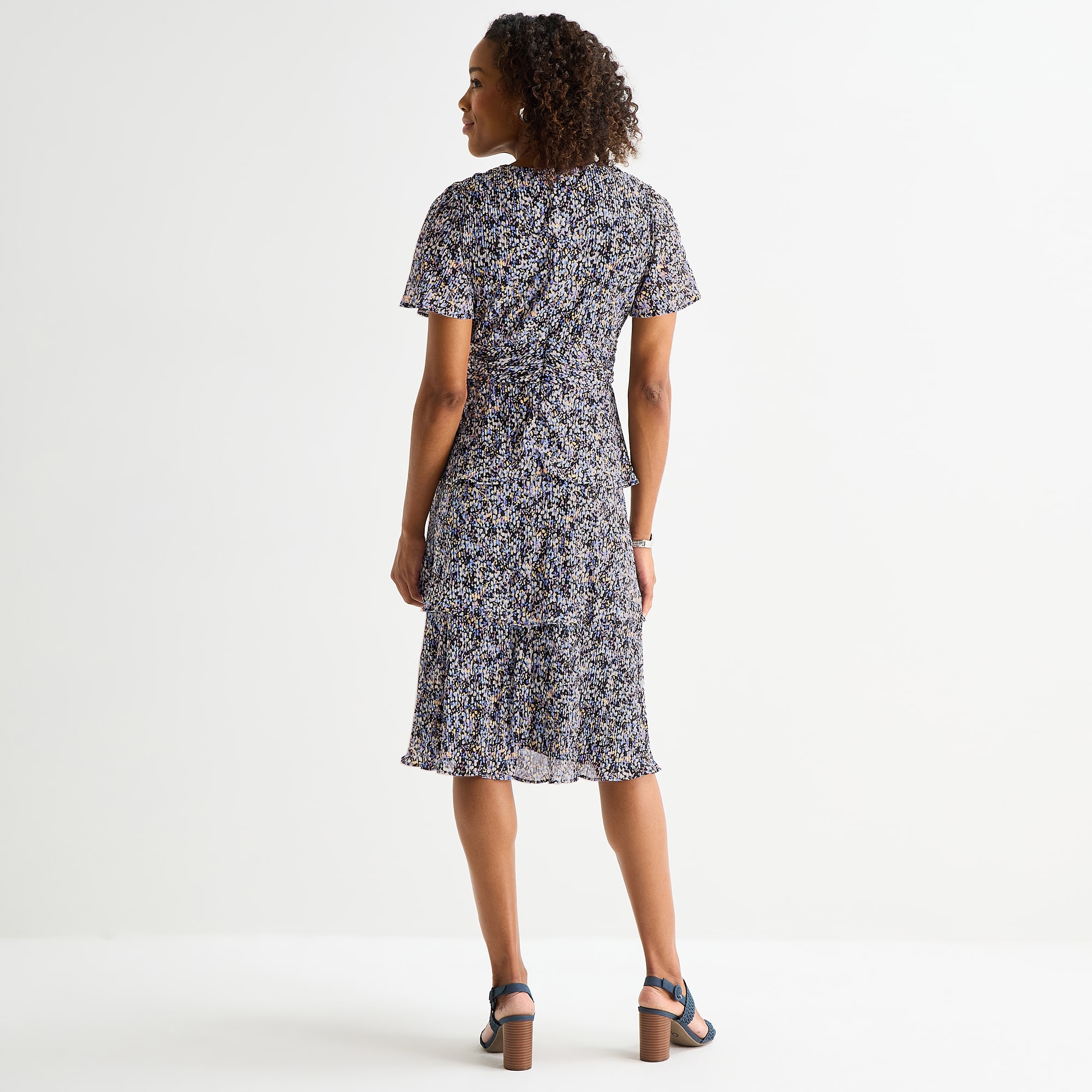 Perceptions Womens V Neck Short Sleeve Flutter Floral Fit + Flare Dress