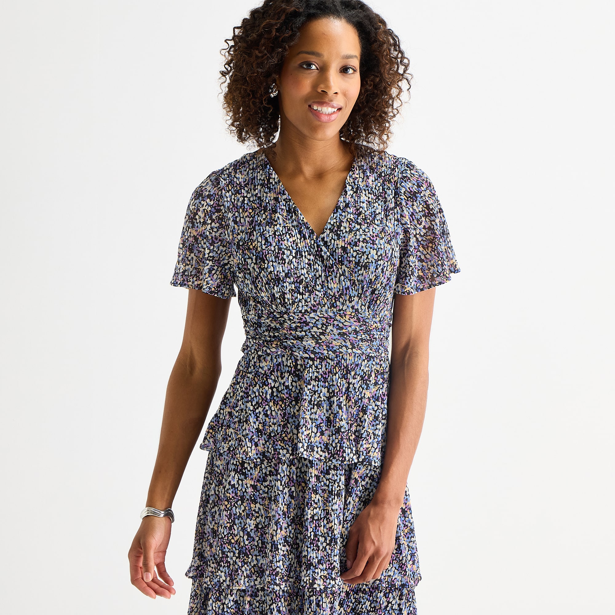 Perceptions Womens V Neck Short Sleeve Flutter Floral Fit + Flare Dress