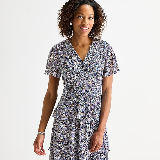 Perceptions Womens V Neck Short Sleeve Flutter Floral Fit + Flare Dress ...