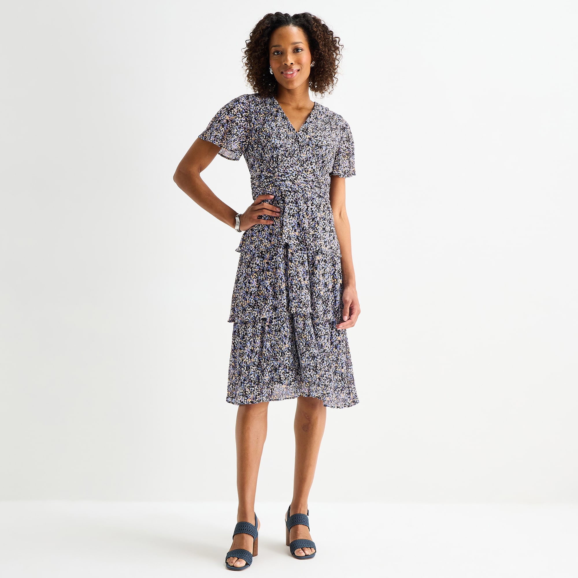 Perceptions Womens V Neck Short Sleeve Flutter Floral Fit + Flare Dress