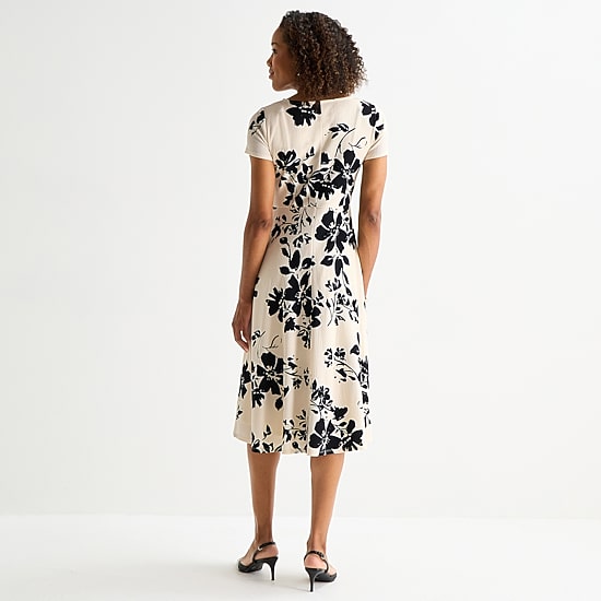 Perceptions Womens Midi Round Neck Short Sleeve Floral Fit + Flare Dress
