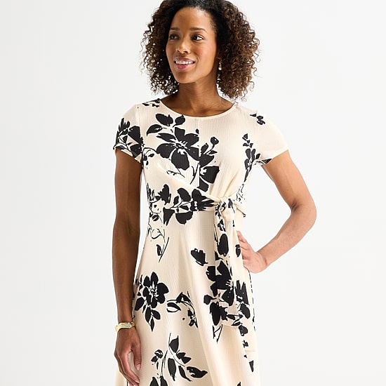 Perceptions Womens Midi Round Neck Short Sleeve Floral Fit + Flare Dress