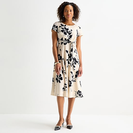 Perceptions Womens Midi Round Neck Short Sleeve Floral Fit + Flare Dress