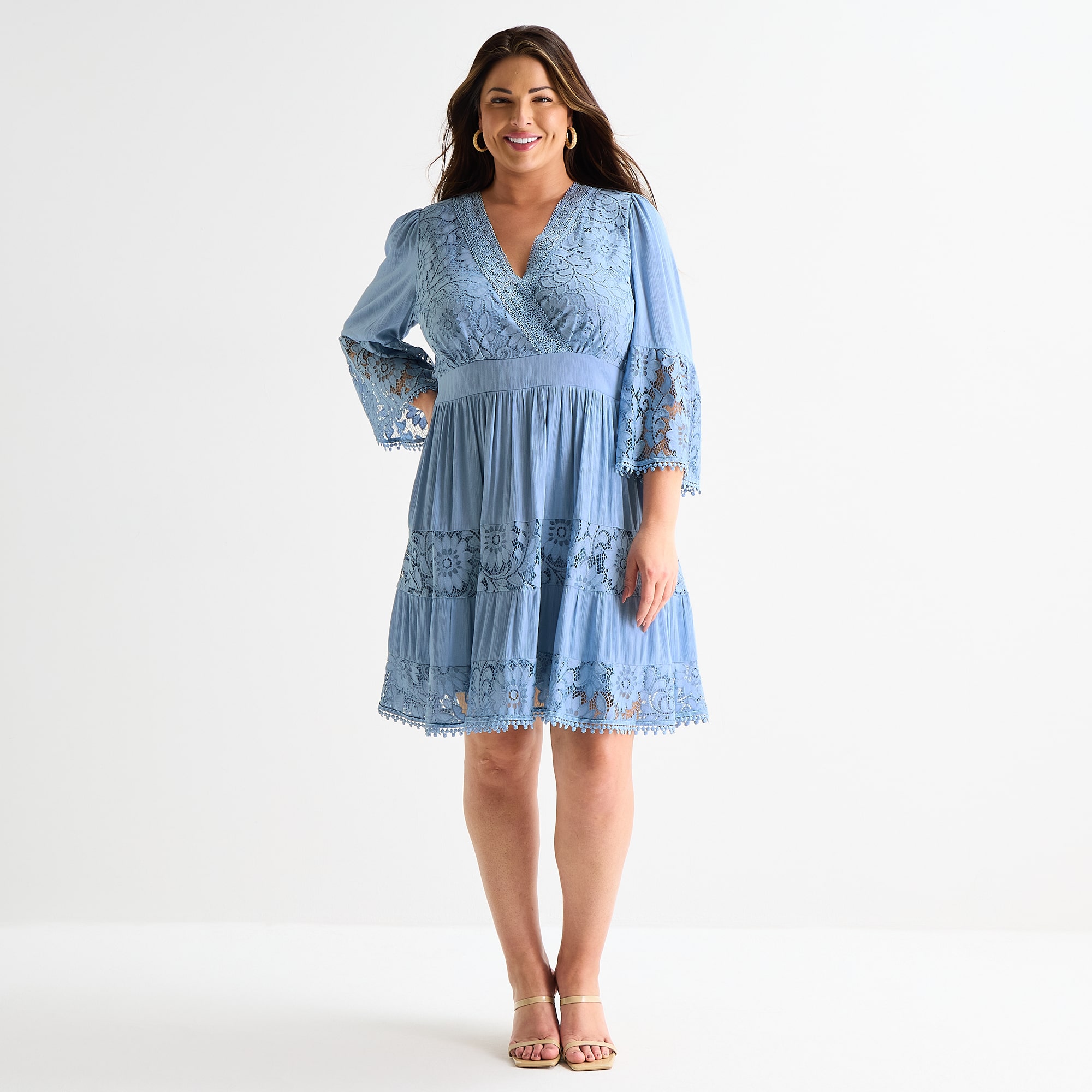 Isabel & Nina Womens Plus V Neck 3/4 Sleeve Bell Fit + Flare Dress