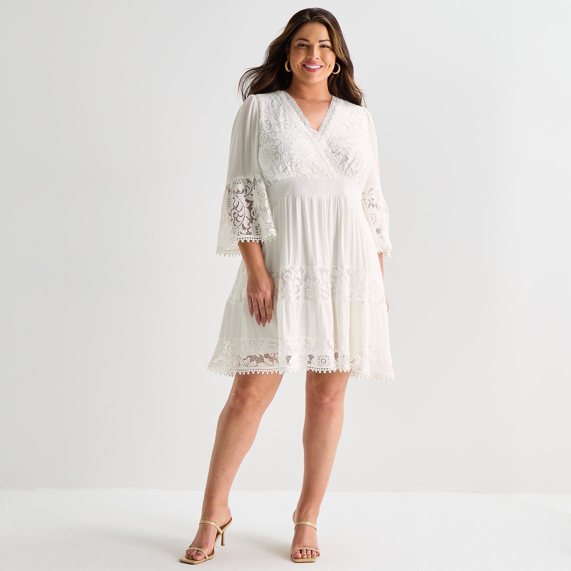 Isabel & Nina Womens Plus V Neck 3/4 Sleeve Bell Fit + Flare Dress