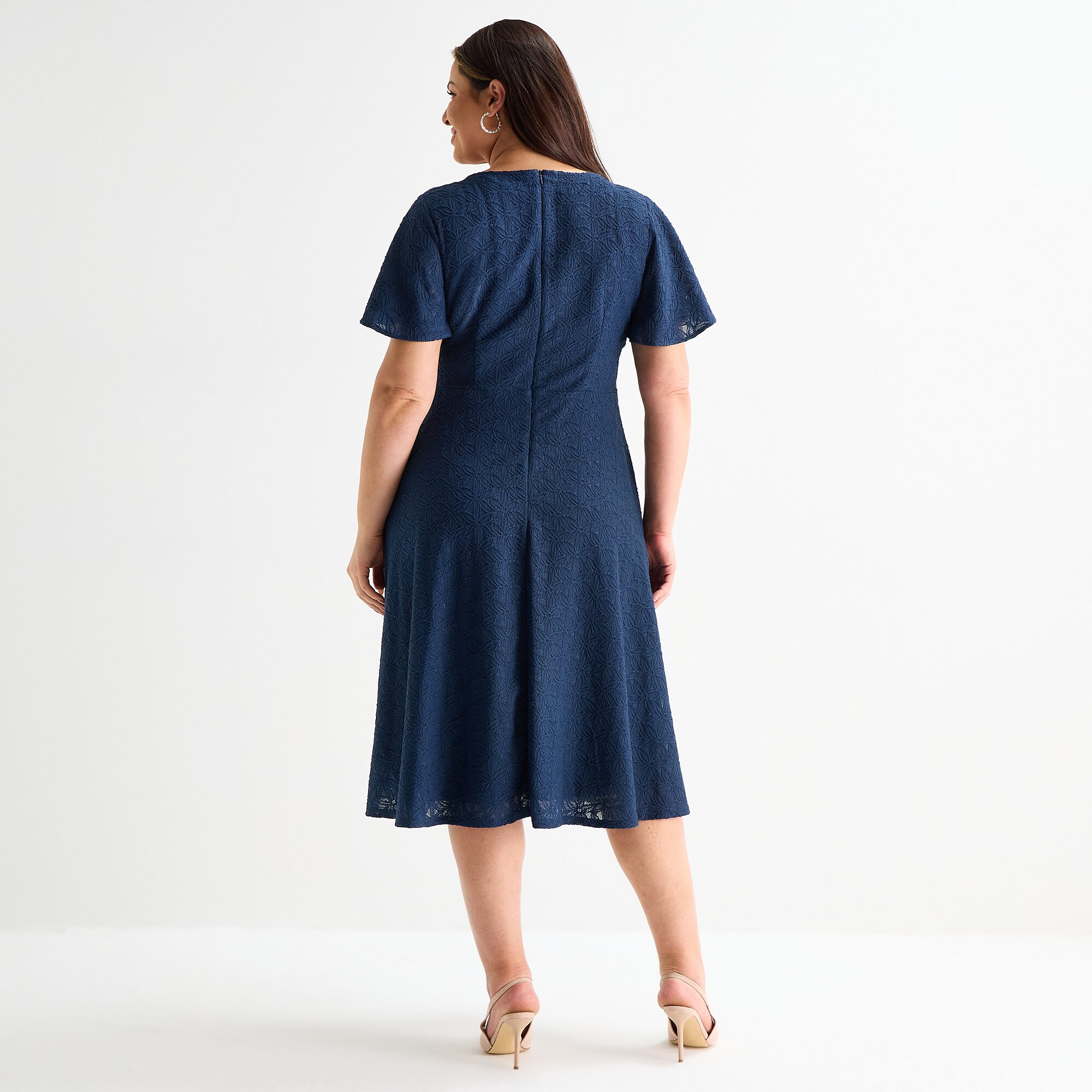 Perceptions Womens Plus Short Sleeve Lace Midi Fit + Flare Dress