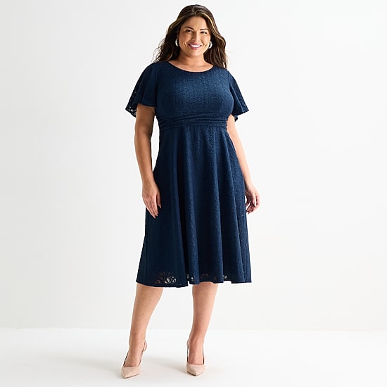 Perceptions Womens Plus Short Sleeve Lace Midi Fit + Flare Dress