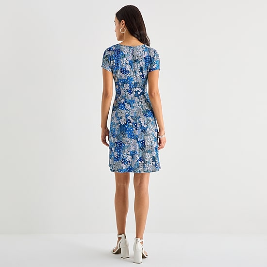 Perceptions Womens Petite Round Neck Short Sleeve Floral Fit + Flare Dress