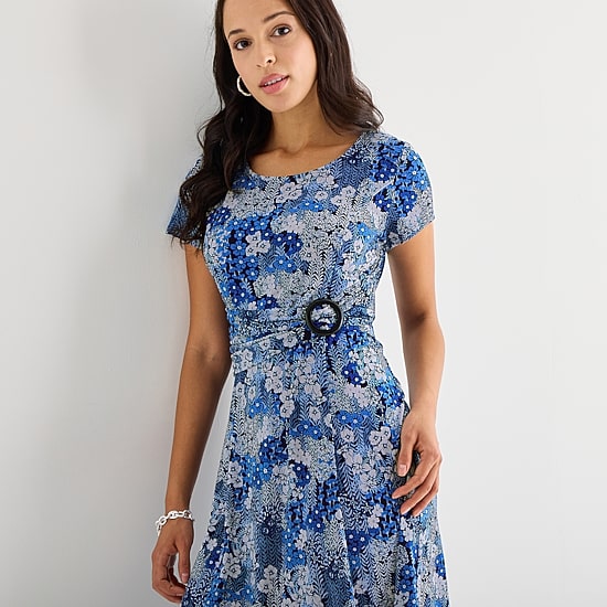 Perceptions Womens Petite Round Neck Short Sleeve Floral Fit + Flare Dress