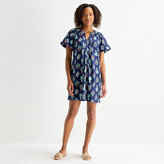St. John's Bay Womens Tall Midi Split Crew Neck Short Sleeve A-Line Dress