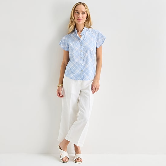 Liz Claiborne Womens Split Crew Neck Short Sleeve Blouse