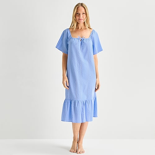 Liz Claiborne Womens Short Sleeve Square Neck Nightshirt, Large, Blue