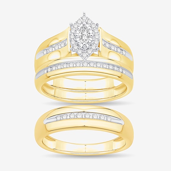3PC His and Hers Trio Wedding Set Featuring 3/8 CT. T.W. Natural White Diamond 10K Gold Marquise Halo Side Stone Ring Set