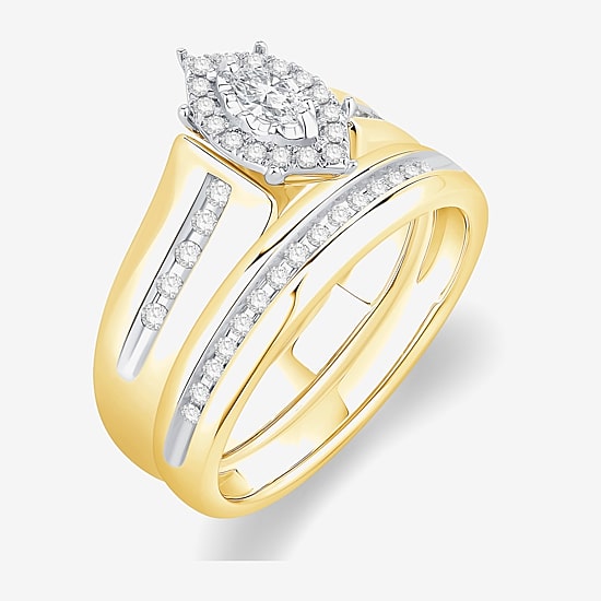 3PC His and Hers Trio Wedding Set Featuring 3/8 CT. T.W. Natural White Diamond 10K Gold Marquise Halo Side Stone Ring Set