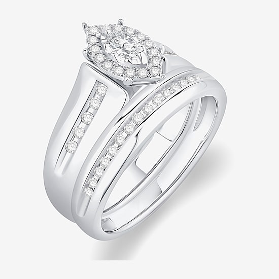 Unisex Adult 3/8 CT. T.W. Natural White Diamond 10K Gold Marquise Halo Side Stone Ring Set