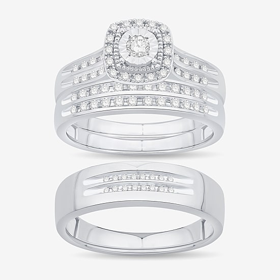Unisex Adult 1/2 CT. T.W. Natural White Diamond 10K Gold Cushion Halo Side Stone Ring Set