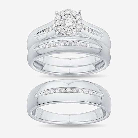 3PC His and Hers Trio Wedding Set Featuring 1/3 CT. T.W. Natural White Diamond 10K Gold Round Halo Side Stone Ring Set