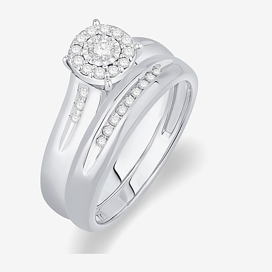 3PC His and Hers Trio Wedding Set Featuring 1/3 CT. T.W. Natural White Diamond 10K Gold Round Halo Side Stone Ring Set