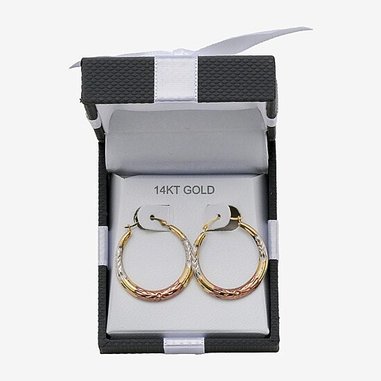 14K Tri-Tone Gold Diamond-Cut Round Hoop Earrings