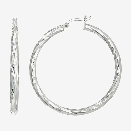 Womens Sterling Silver 40mm Round Hoop Earrings