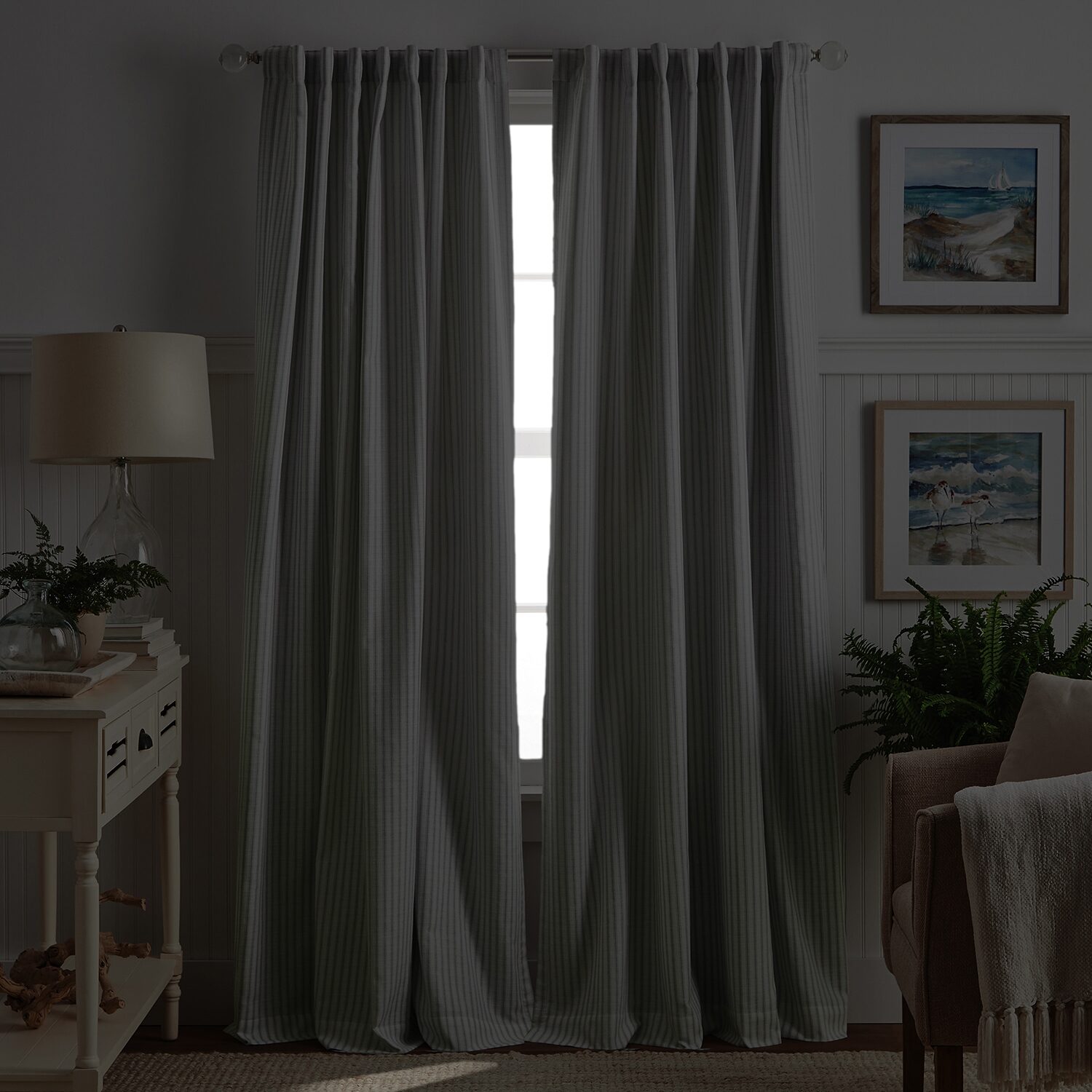 Martha Stewart Ticking Stripe Rod Pocket Back Tab Blackout Set of 2 Curtain Panel