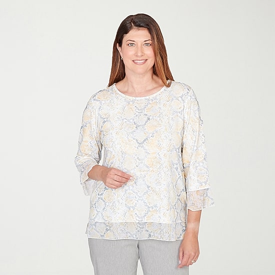 Alfred Dunner Al Fresco Womens Crew Neck 3/4 Sleeve Layered Top