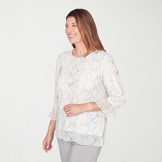 Alfred Dunner Al Fresco Womens Crew Neck 3/4 Sleeve Layered Top