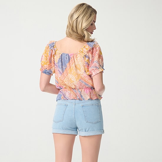 JS Jessica Simpson Womens Split Tie Neck Short Sleeve Peplum Top